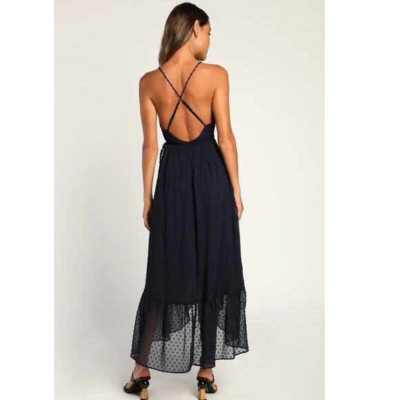 Effortlessly Easy Navy Blue Swiss Dot High-Low Midi Wrap Dress - Picture 3 of 12